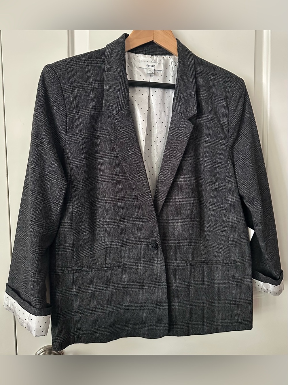 Kensie NWT Gray Plaid One-Button Blazer XL Polka Dot Lined Jacket